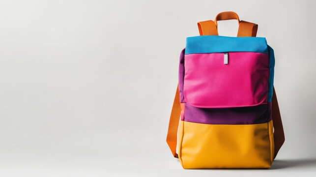 A minimalist mockup of a colorful backpack placed on a white background, ideal for fashion or travel promotions