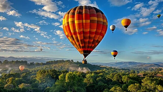 several hot air balloons floating in a clear cloudy sky footage