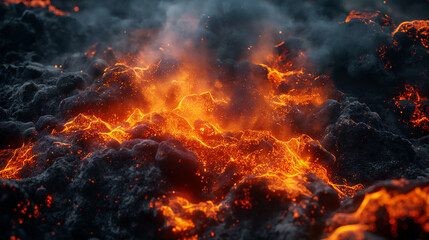Fototapeta premium Swirling ash particles above a vibrant volcanic landscape during an eruption. Generative AI