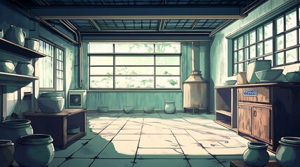 Fototapeta premium Sunlit Workshop Interior with Ceramic Pottery and Rustic Furnishings.