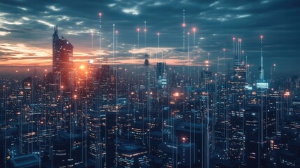 Naklejka premium A futuristic smart city with interconnected technology, autonomous robotics, and digital economic systems, illustrating the future of tech-driven societies