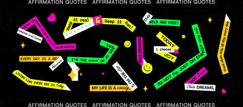 Naklejki Affirmation quotes sticker pack, sticker for laptop, motivation, set of spirit quotes patch, set of sticker affirmation of daylife, vibrant color, colorful sticker pack, green, yellow, pink, purple