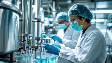 Scientists in lab coats conducting experiments in a laboratory setting.