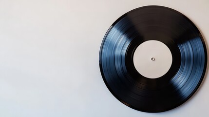 Obraz premium Vinyl Record Nostalgia: A classic black vinyl record sits on a minimalist background, a timeless symbol of music and a nostalgic reminder of a bygone era. 