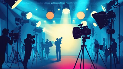 A vibrant entertainment industry scene with spotlights, cameras, and a director overseeing a movie set, capturing the business side of showbiz