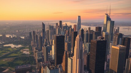 Fototapeta premium An aerial view of the skyscrapers in the heart of the business district as the sun sets behind them in Shenzhen, China.