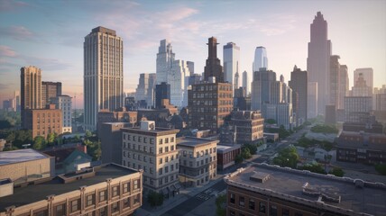 Obraz premium An aerial view of the skyscrapers in the heart of the business district as the sun sets behind them in Shenzhen, China.