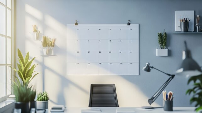 A mockup of a large wall calendar with a blank design area, hanging in a bright office space, ideal for scheduling tools marketing