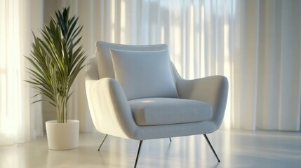 A mockup of a modern chair with a blank cushion cover, displayed in a bright living room, great for interior design branding
