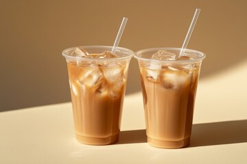 two plastic cup mockup of cold coffee with ice cubes and straw on aesthetic beige background with shadows