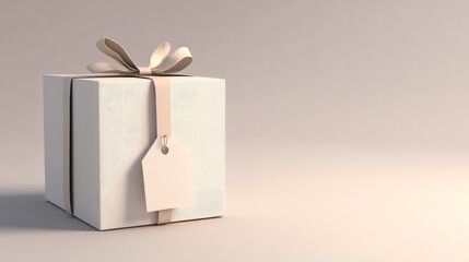 A mockup of a plain gift box with a blank tag on a clean surface, ideal for holiday or special occasion marketing