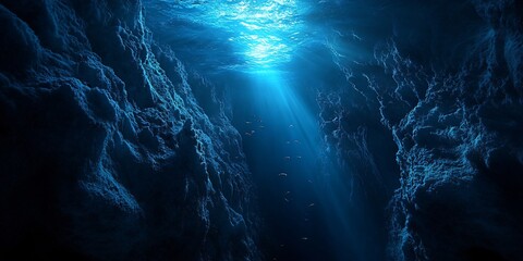 Obraz premium Sunbeams illuminate a dark underwater crevice, illuminating the rocky walls and a school of small fish.