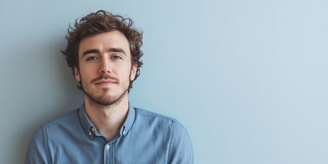 Obraz premium Confident Young Man with Curly Hair Against a Soft Blue Background