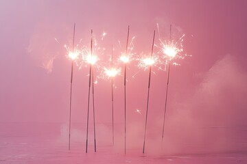 Burning sparklers on pink background with generative ai