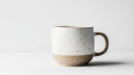 Speckled Ceramic Mug: A minimalist ceramic mug with a speckled white glaze and a natural brown base, resting on a light wood surface.