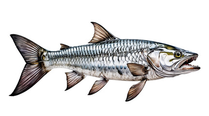 Obraz premium A stylized graphic of a large tarpon fish with a patterned body and a long tail isolated on transparent background