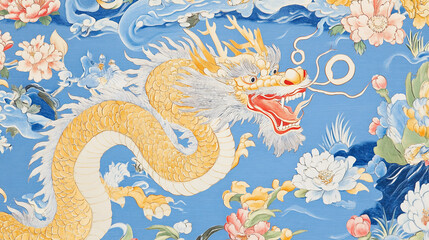 Obraz premium Elegant Golden Dragon Dancing Among Vibrant Flowers Against a Serene Blue Background