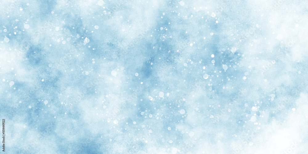 Wall mural light blue bokeh background for design, abstract blue background with snowflakes floating randomly, 