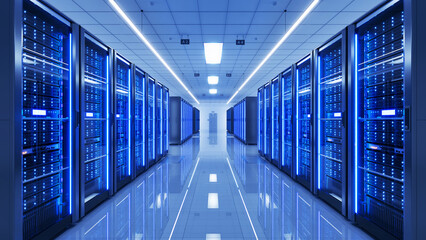 Server racks in modern server room data center. 3d illustration