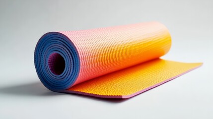 A mockup of a vibrant yoga mat rolled out on a clean white surface, ideal for fitness and wellness promotions