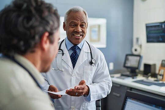 Middle-aged Caucasian male doctor discussing patient's colonoscopy findings at office