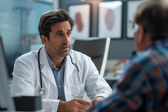 Middle-aged Caucasian male doctor discussing colonoscopy findings with patient in medical office