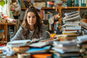 Middle-aged Woman of Caucasian Descent Tidying Up Her Cluttered Home Desk
