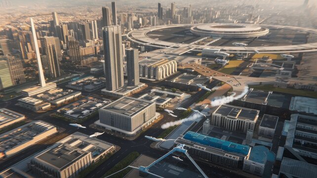 This vibrant illustration captures a utopian cityscape at sunset, showcasing flying vehicles and sleek architecture, perfect for projects themed around innovation, technology, and the future.