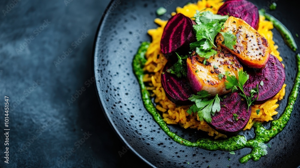 Wall mural a sophisticated presentation of scallops and beets, elevated with fresh herbs on a regal black plate