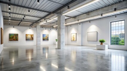 Obraz premium The contemporary loft boasts a stark white wall and concrete flooring, creating a perfect backdrop for showcasing