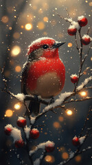 peaceful winter scene with a classic red barn surrounded by snow-covered fields and twinkling lights, evoking a rustic Christmas charm