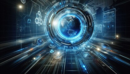 Obraz premium Futuristic digital representation of Earth within a high-tech interface.