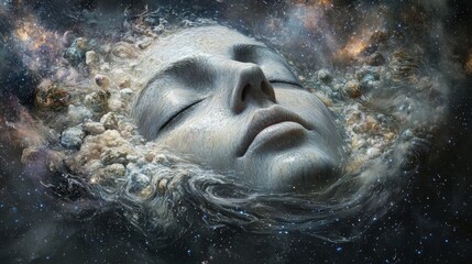 Obraz premium Celestial Serenity, a tranquil face emerges from a cosmic landscape, interwoven with stars and nebulas, representing the harmony of human existence and the universe.