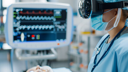 A healthcare professional using virtual reality technology monitors a patient's heart activity on a screen, combining cutting-edge tech with medical analysis.