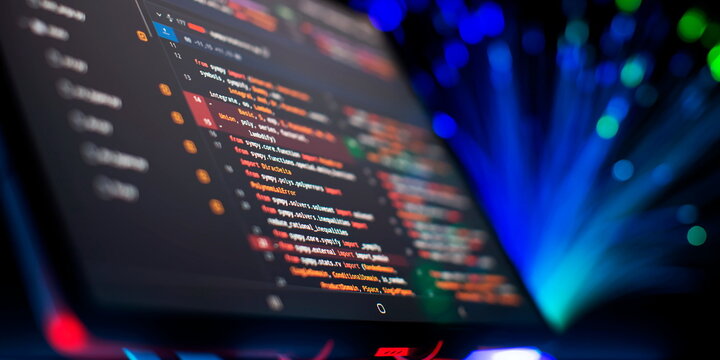 Modern tech. PHP syntax highlighted. Writing programming functions on laptop. Big data and Internet of things trend