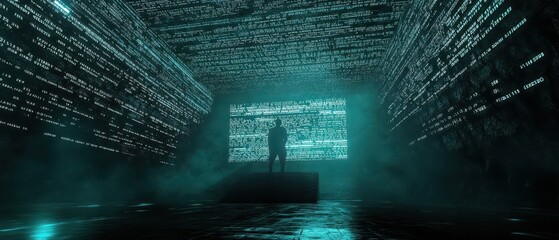 Obraz premium A mysterious figure stands amidst glowing data streams in a dark, futuristic environment, evoking themes of technology and exploration.
