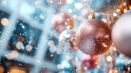 Obraz premium Glistening Christmas baubles shine brightly amidst a soft snowfall, capturing the essence of a serene and magical holiday scene full of warmth and joy.