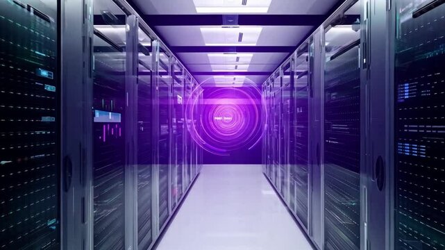 Internet and server room with flashing lights and digital connections. Concept of cloud database
