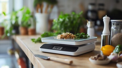 Digital Scale in the Kitchen: Measuring Healthy Ingredients for Homemade Recipes, Weighing Nuts and Vegetables with Precision for Culinary Preparation and Nutritional Balance in Cooking