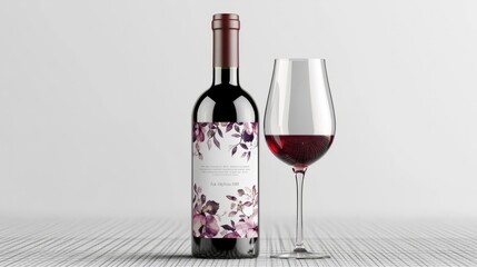 Elegant wine bottle and glass with customizable labels: A wine bottle paired with a glass, both on a transparent background