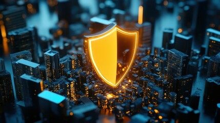 A futuristic digital cityscape featuring a glowing shield emblem symbolizing protection and security.