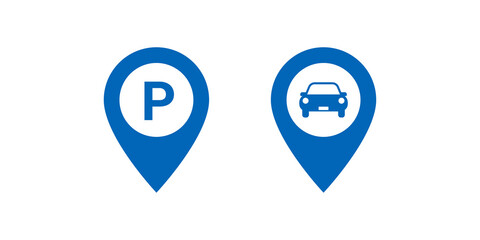 A blue car parking icon with a map pointer on a transparent background.