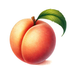 A single, plump peach is depicted in a realistic style, showcasing its vibrant orange-pink hue and soft, velvety texture