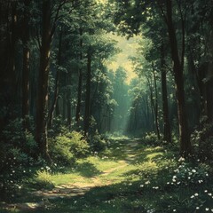 Fototapeta premium Sunlit Forest Path with Green Trees and Wildflowers