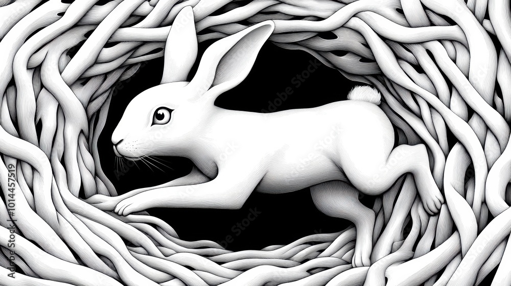 Sticker A white rabbit is in a nest of branches, AI