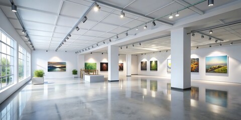 Fototapeta premium This contemporary gallery mockup features an open space design, perfect for art exhibitions and showcases, making it an