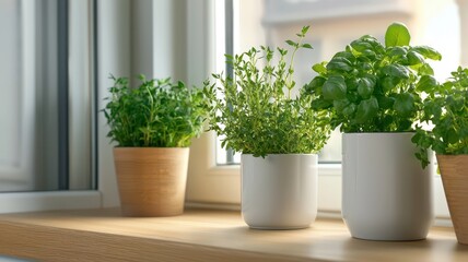 Fototapeta premium Fresh herbs in modern pots on a windowsill, creating a vibrant and inviting kitchen atmosphere.