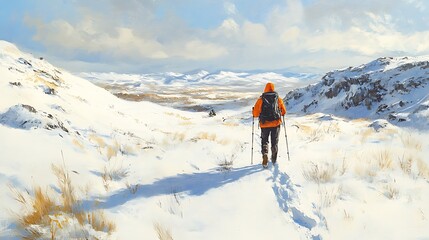 Solitary Hiker Ascending a Snow-Covered Mountain Path.