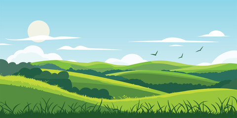 Obraz premium Serene Fields Vibrant Vector Illustration of a Lush Cartoon Meadow with Blue Skies and Rolling Hills