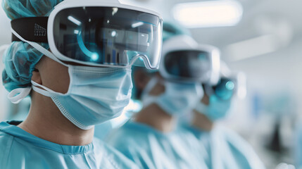 Team of surgeons wearing smart glasses in an operating room, utilizing augmented reality for enhanced precision in surgery.